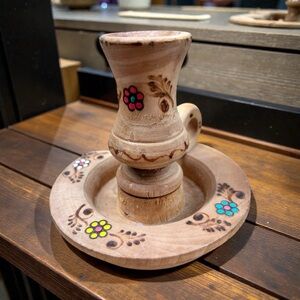 Handcrafted Wooden Candle Holder with Floral Design & handle, Rustic Farmhouse